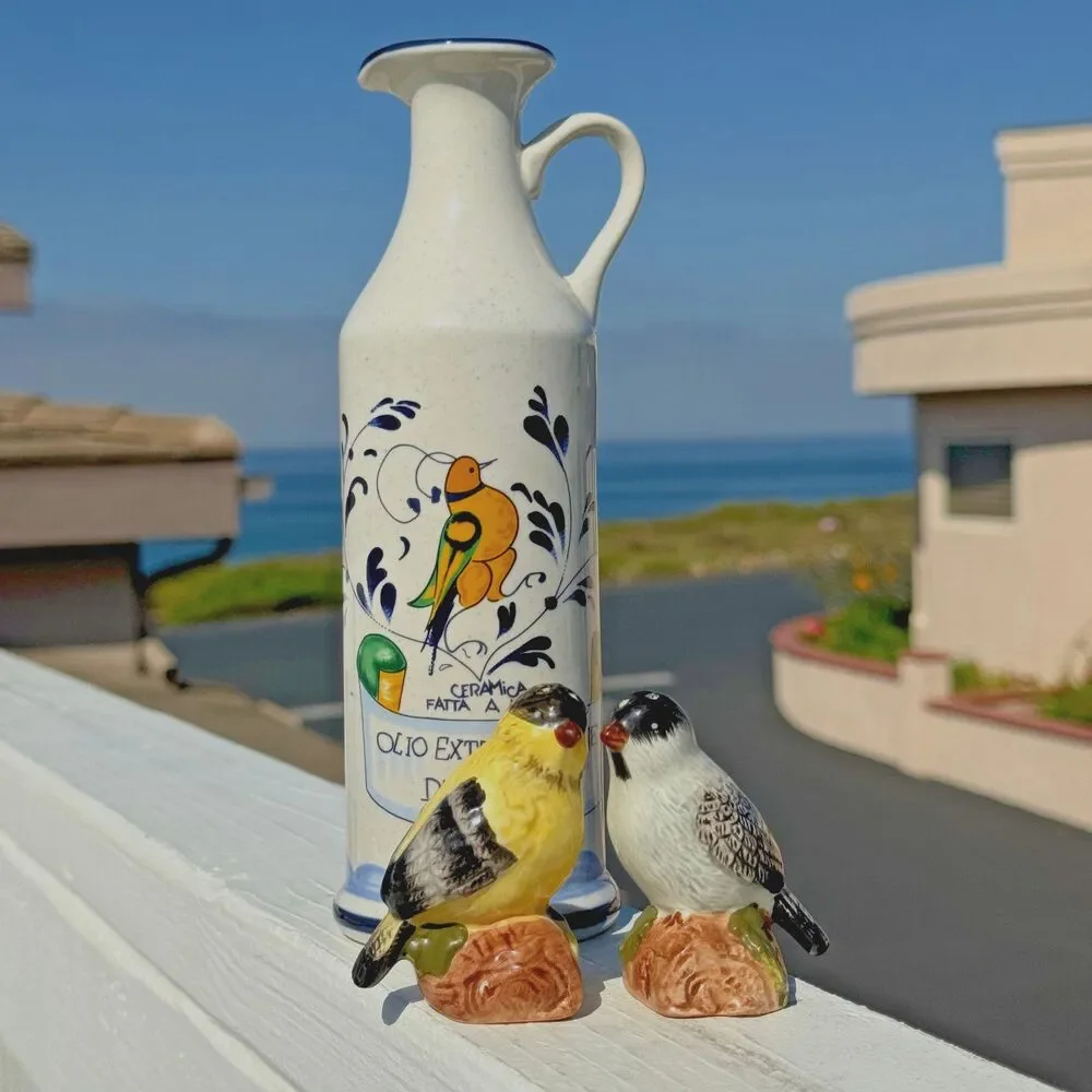 Italian Ceramic Olive Oil Bottle Set‎ Bird Figurines Kitchen Decor Hand Painted